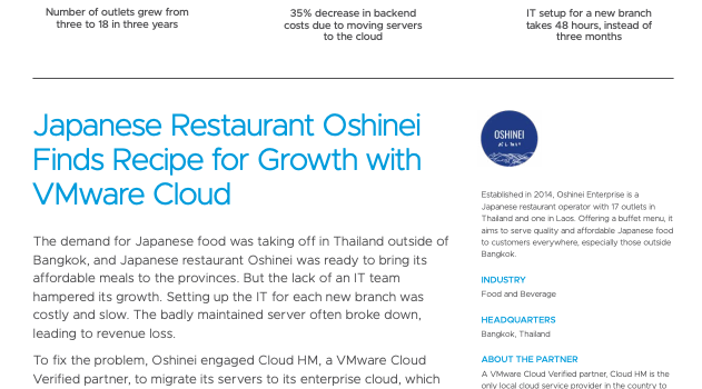 Japanese Restaurant Oshinei Enterprise Grows From Three to 18 Outlets with VMware Cloud